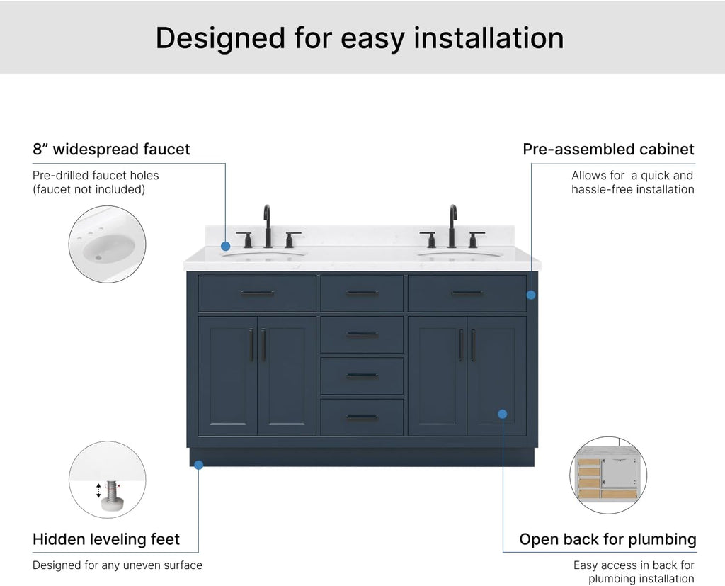 ARIEL Hepburn 60-inch Bathroom Vanity with Sink,Solid Wood, 1.5-inch Carrara White Quartz Countertop, Double Oval Porcelain Sink, 4 Soft Closing Doors, 6 Dovetail Drawers, Midnight Blue