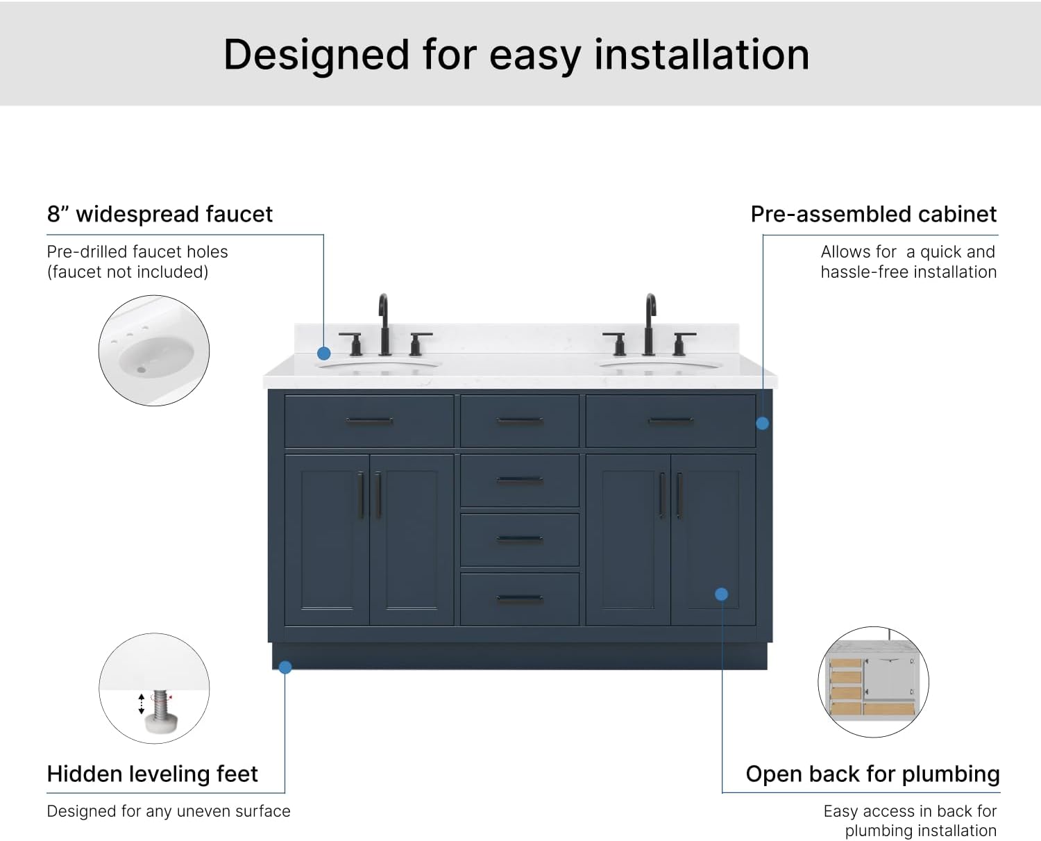 ARIEL Hepburn 60-inch Bathroom Vanity with Sink,Solid Wood, 1.5-inch Carrara White Quartz Countertop, Double Oval Porcelain Sink, 4 Soft Closing Doors, 6 Dovetail Drawers, Midnight Blue