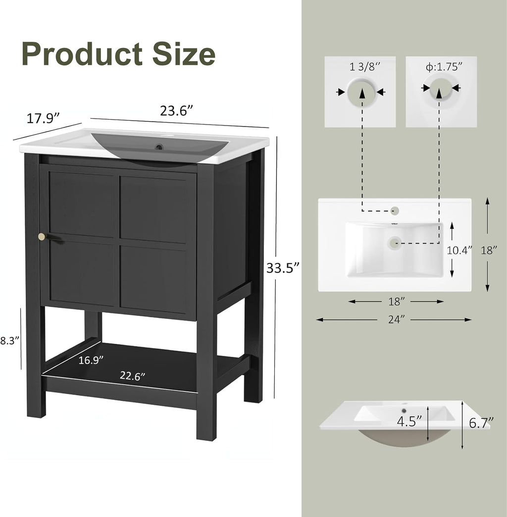 24 Inch Bathroom Vanity with Sink, Small Farmhouse Freestanding Bathroom Cabinet Combo Set, Soft Closing Door and Open Storage Shelf, Black