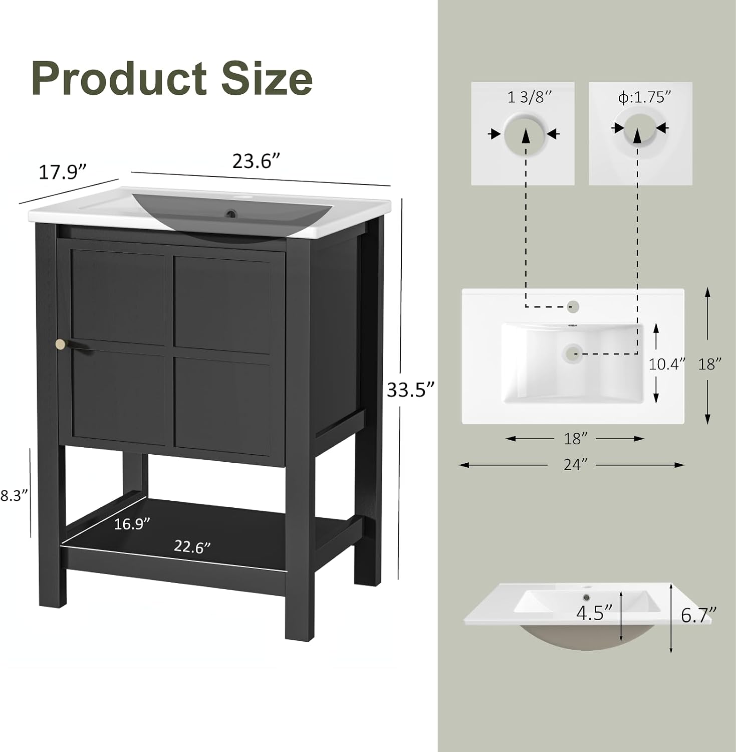 24 Inch Bathroom Vanity with Sink, Small Farmhouse Freestanding Bathroom Cabinet Combo Set, Soft Closing Door and Open Storage Shelf, Black