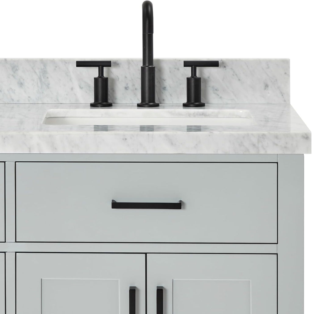 ARIEL Hepburn 66-inch Bathroom Vanity with Sink,Solid Wood, 1.5-inch Italian Carrara Marble Countertop, Double Rectangular Porcelain Sink, 4 Soft Closing Doors, 6 Dovetail Drawers, Grey