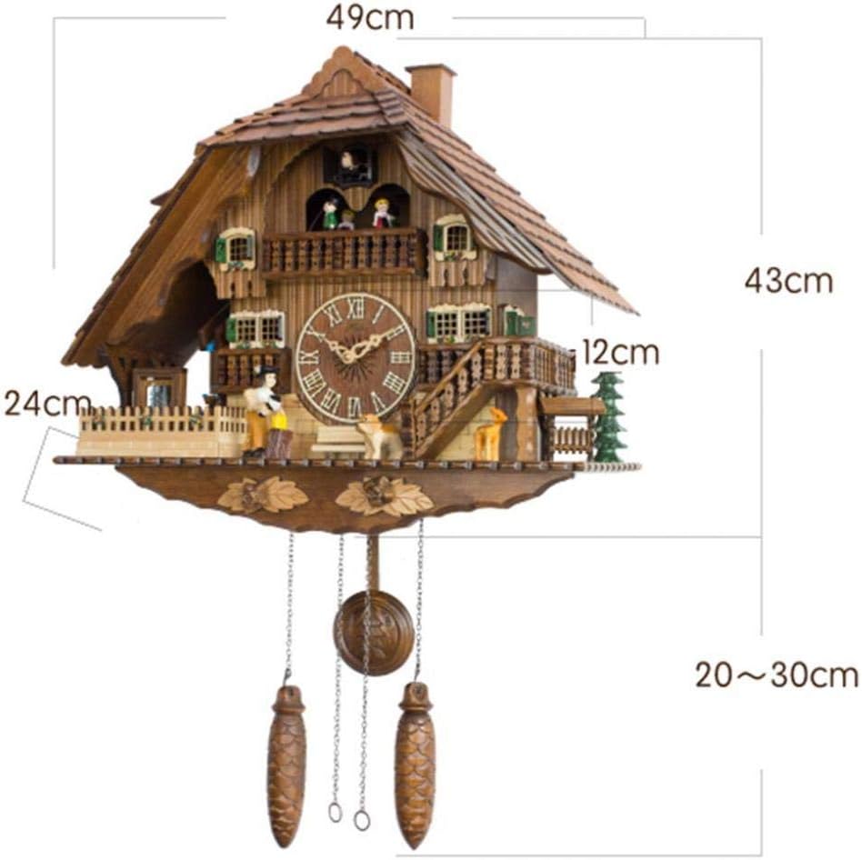 Cuckoo Clock Solid Wood Hand Carved Villa with Music and Rotating Doll, Quartz Wooden Wall Clock with Adjustable Volume and Night Sensor for Home and Office