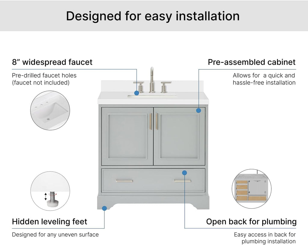 ARIEL Stafford 36-inch Bathroom Vanity with Sink,Solid Wood, 1.5-inch Pure White Quartz Countertop, Single Rectangular Porcelain Sink, Soft Closing Doors, Dovetail Drawers, Grey