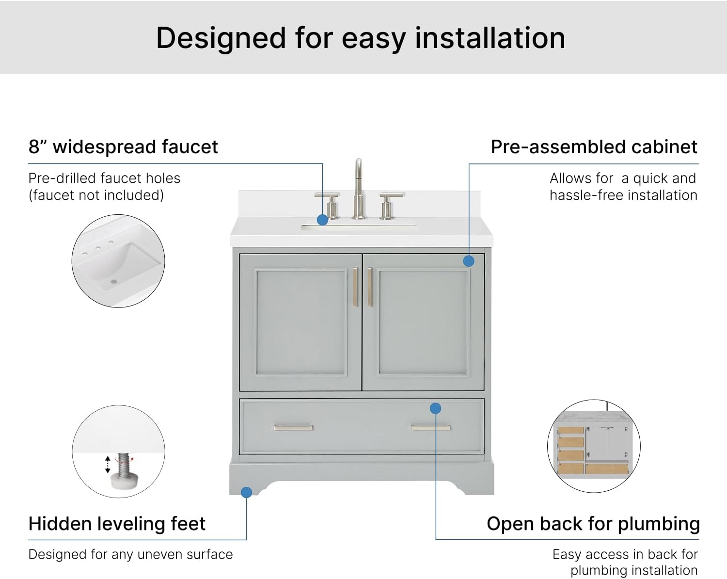 ARIEL Stafford 36-inch Bathroom Vanity with Sink,Solid Wood, 1.5-inch Pure White Quartz Countertop, Single Rectangular Porcelain Sink, Soft Closing Doors, Dovetail Drawers, Grey