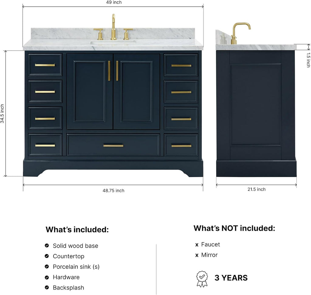 ARIEL Stafford 48-inch Bathroom Vanity with Sink,Solid Wood, 1.5-inch Italian Carrara Marble Countertop, Single Rectangular Porcelain Sink, 2 Soft Closing Doors, 9 Dovetail Drawers, Midnight Blue