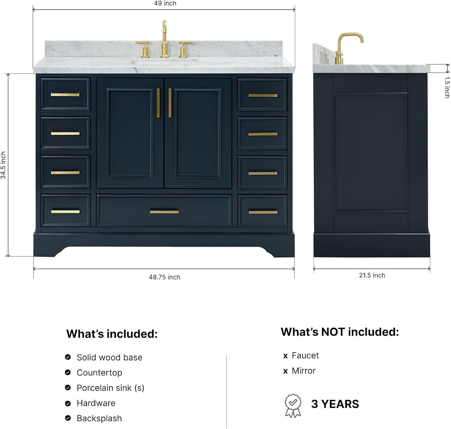 ARIEL Stafford 48-inch Bathroom Vanity with Sink,Solid Wood, 1.5-inch Italian Carrara Marble Countertop, Single Rectangular Porcelain Sink, 2 Soft Closing Doors, 9 Dovetail Drawers, Midnight Blue