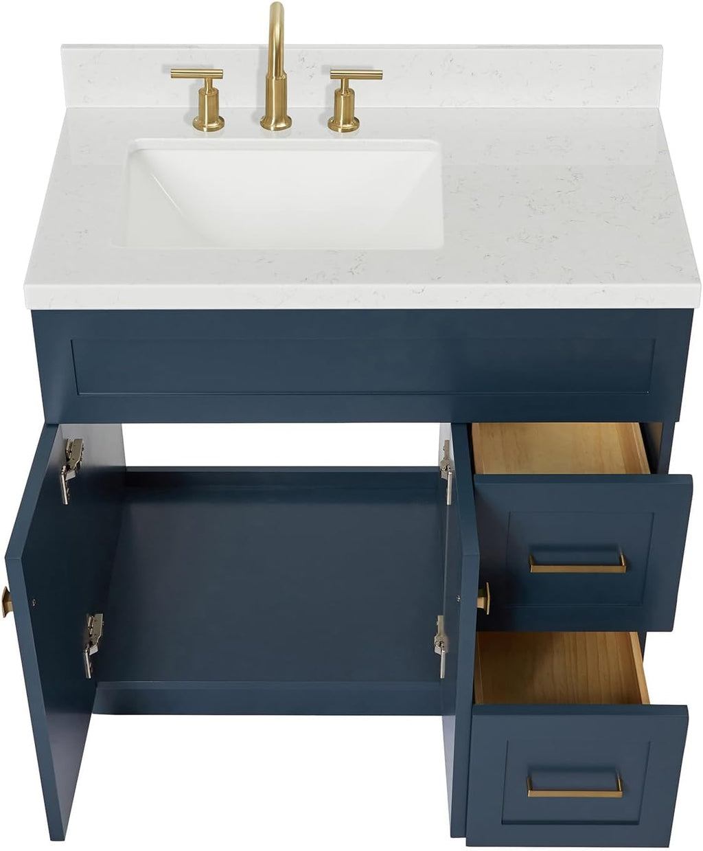 DKB Bradford 36' Midnight Blue Bathroom Vanity with Sink, 1.5' Edge Carrara Quartz Countertop, Rectangular Undermount Sink, 2 Soft-Closing Doors, 2 Dovetail Drawers