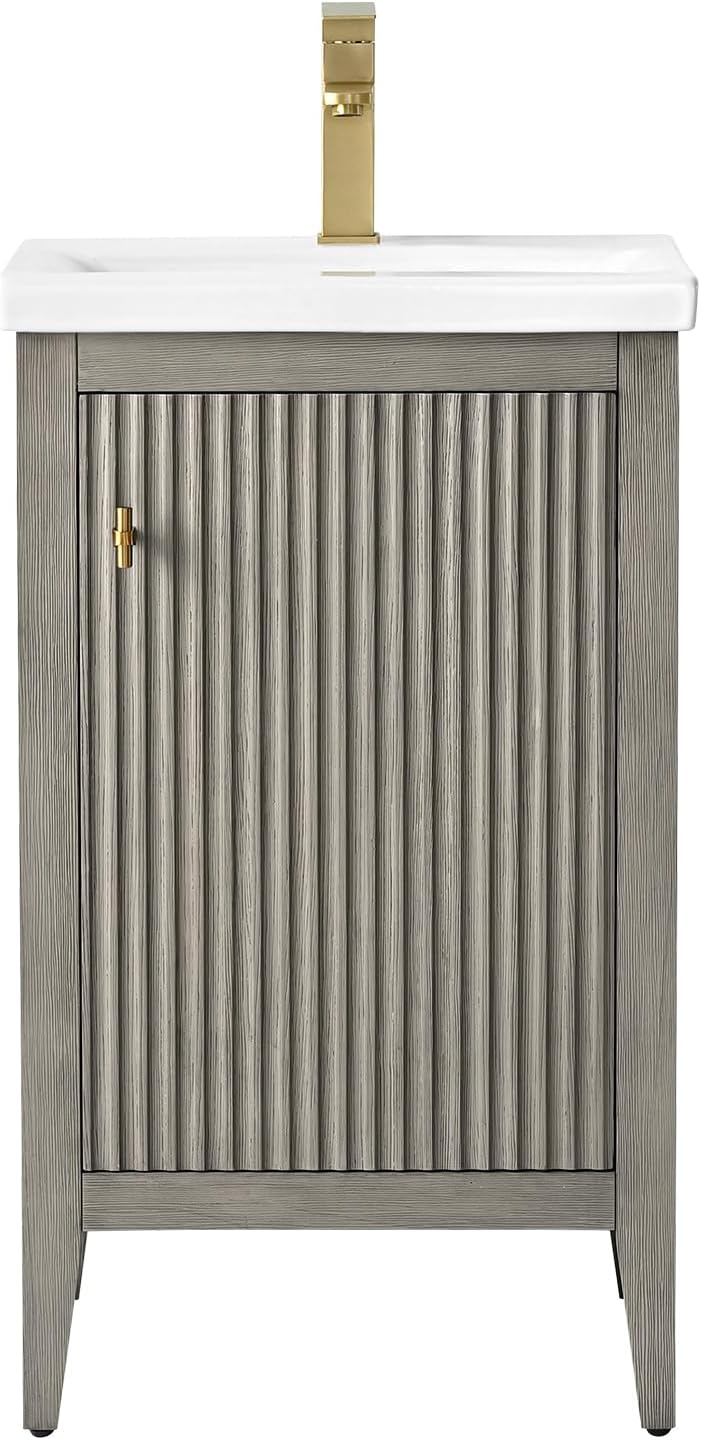 Vanity Art 20 inch Bathroom Vanity with Single Sink & Ceramic Top, Vanity Cabinet with Soft-Closing Door, Solid Wood Frame, Linear Pattern, Driftwood Gray, Golden Brushed Handware VA9120-DG-GB