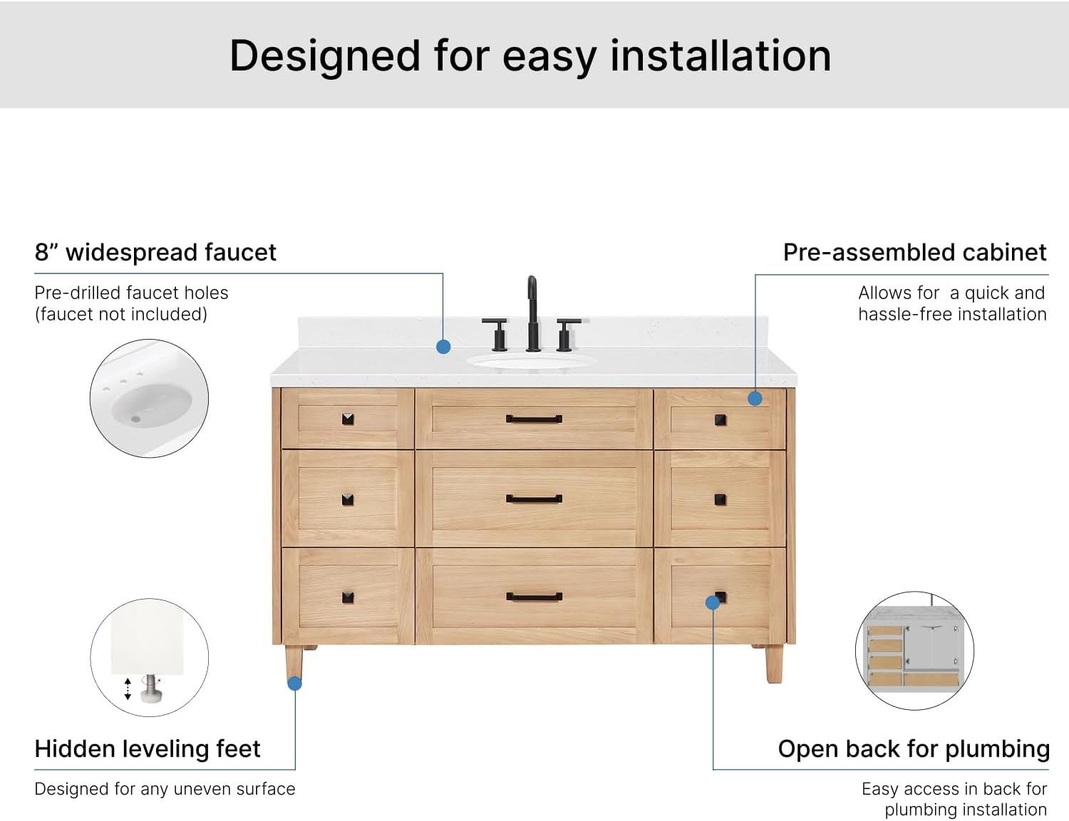 ARIEL Monroe 60-inch Bathroom Vanity with Sink,Solid Wood, 1.5-inch Carrara White Quartz Countertop, Single Oval Porcelain Sink, Dovetail Drawers, White Oak
