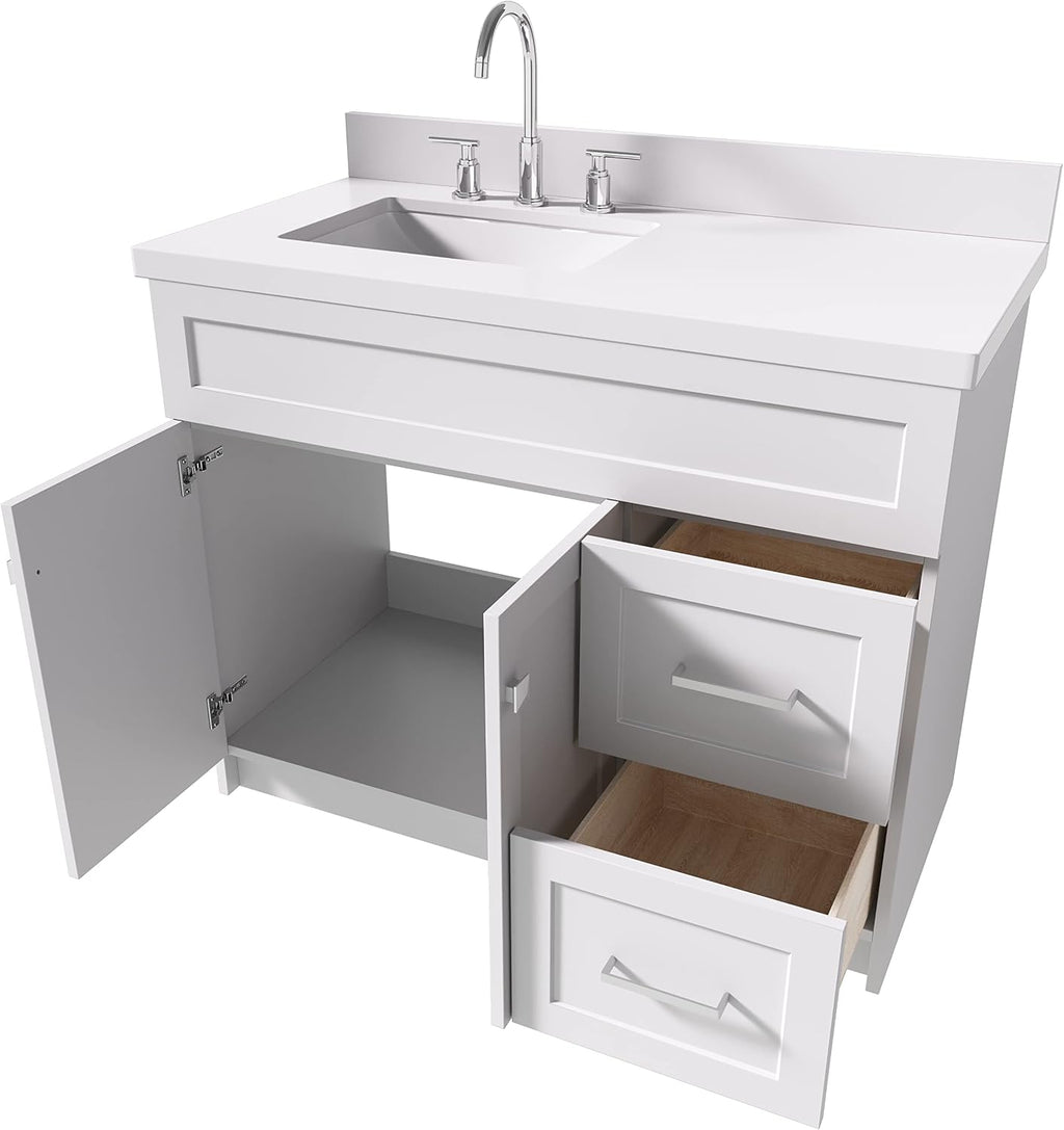 ARIEL 42' Gray Single Bathroom Vanity with 1.5' White Quartz Countertop, Rectangular Undermount Sink, Solid Wood Frame, 2 Soft Closing Doors, Dovetail Drawers