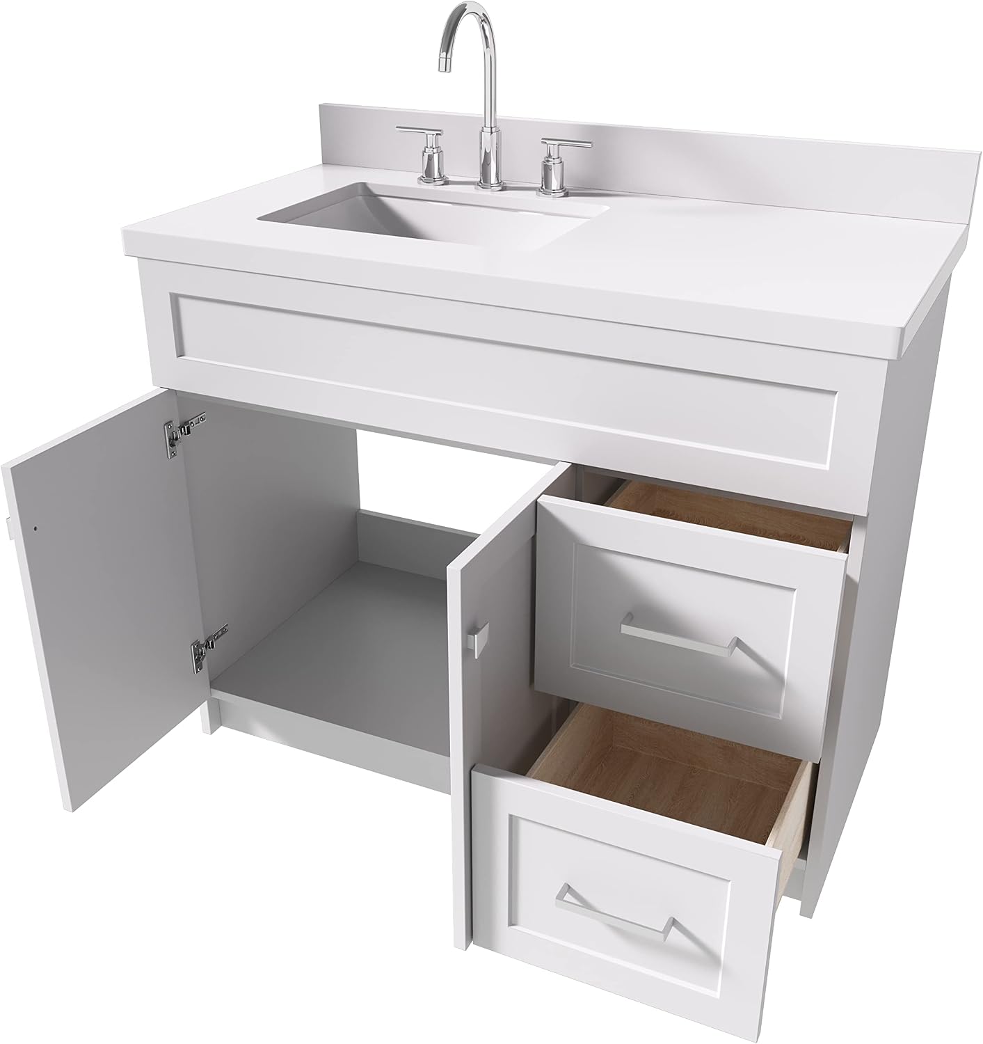 ARIEL 42' Gray Single Bathroom Vanity with 1.5' White Quartz Countertop, Rectangular Undermount Sink, Solid Wood Frame, 2 Soft Closing Doors, Dovetail Drawers
