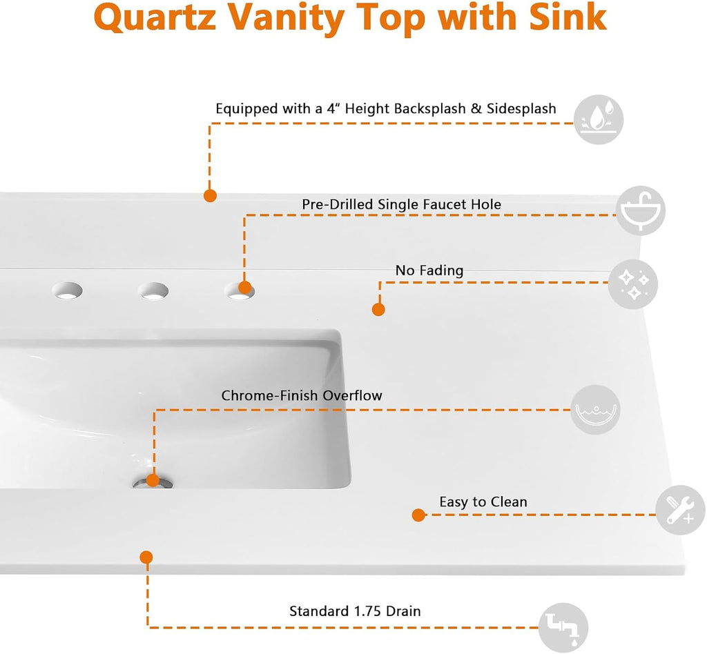 42' x 22' Vanity Top, Quartz Vanity Sink Top in Pure White, with One Sidesplash & One Backsplash, with Undermounted Sink,8 Inch Faucet Hole Spread for Vanity Top with Sink