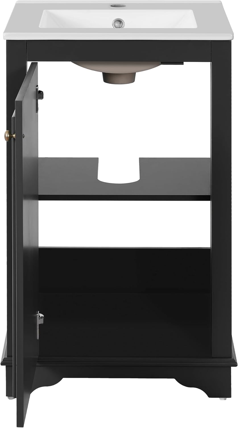 20-inch Bathroom Vanity with Sink Combo, Free-Standing Single Bathroom Storage Cabinet with Soft Close Door & Adjustable Shelf, Wooden Vanity Set with Ceramic Basin for Bathroom (Black)