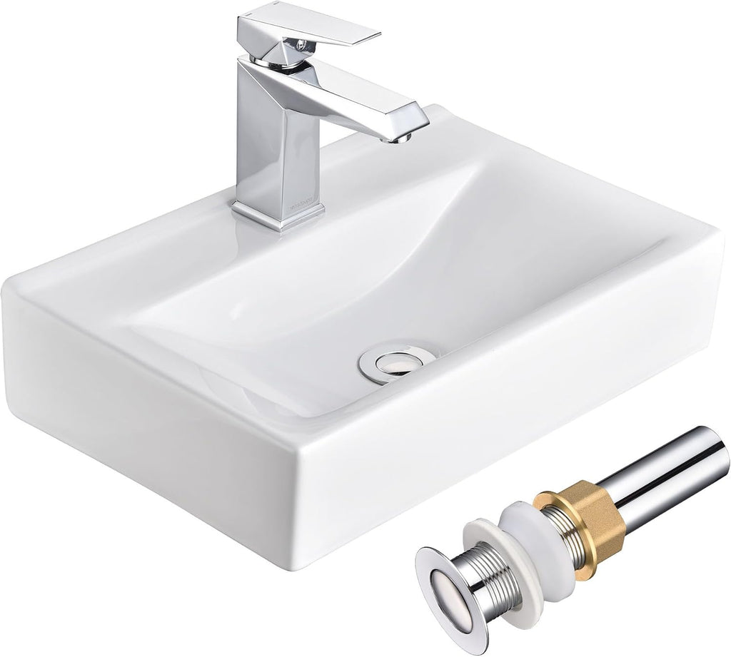 Aquaterior Rectangle Bathroom Vessel Sink Porcelain with Single Handle Faucet Pop-up Drain Combo White Vanity Sink Above Counter Modern for Lavatory Hotel Basin Home Washing Basin