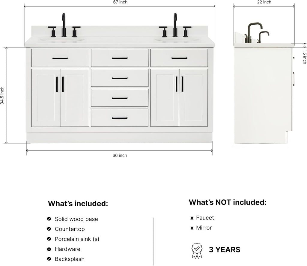 DKB Isabella 66-Inch White Double Bathroom Vanity, 1.5-Inch Pure White Quartz Countertop & Backsplash, Oval Sinks, 4 Soft Closing Doors, 6 Dovetail Drawers, Matte Black Hardware