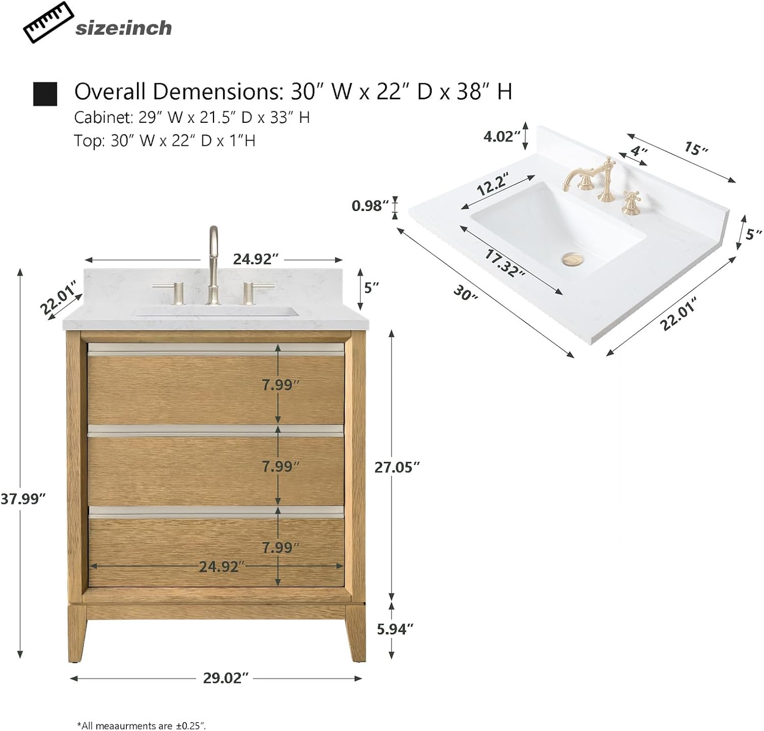HOMEBEYOND 30 Inch Bathroom Vanity with Sink & Ceramic Top, Vanity Cabinet with Solid Wood Frame, Soft-Closing Doors, Drawers, Natural Oak