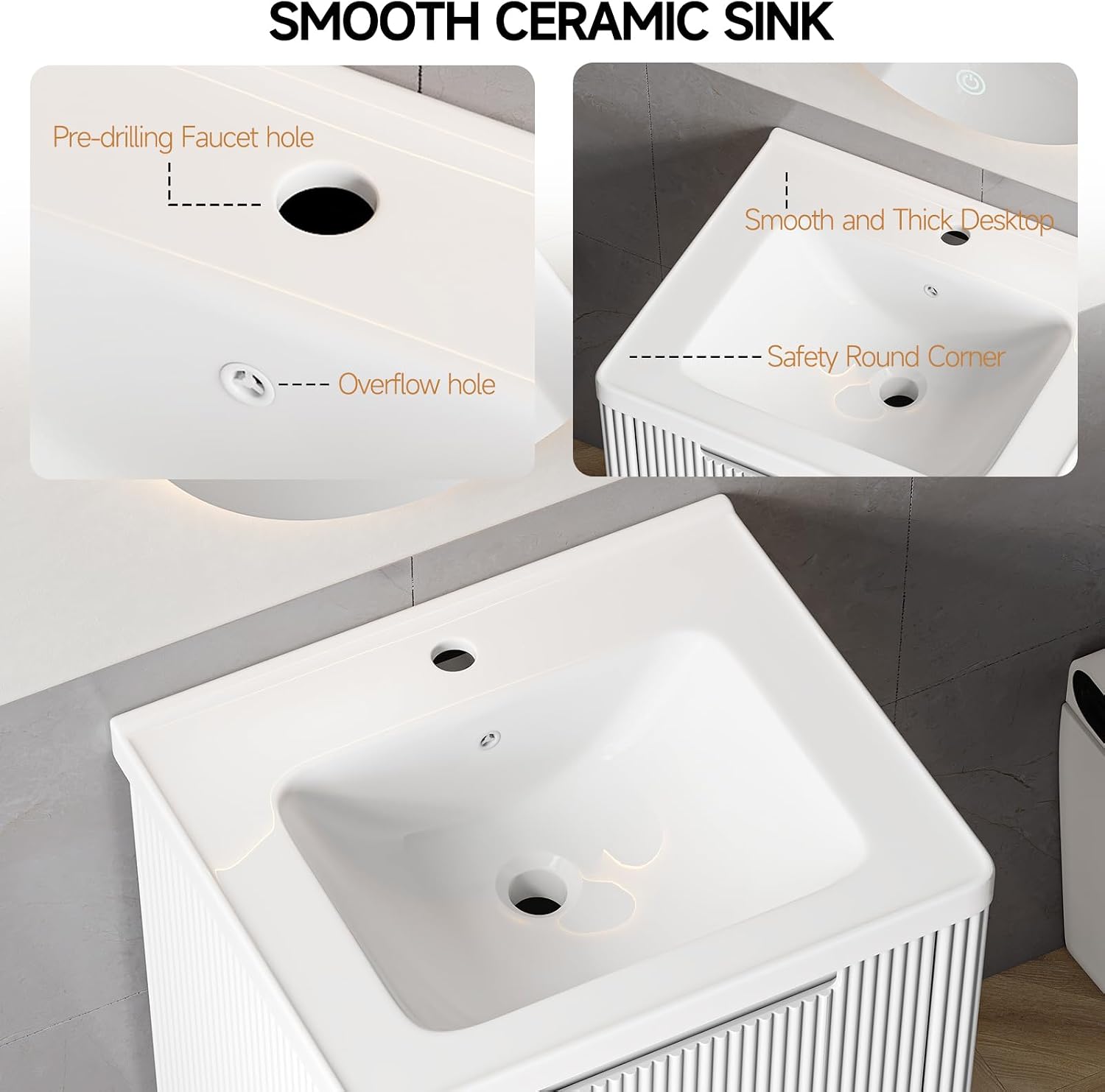 ONBRILL Modern Bathroom Vanity with Sink Combo, Curved Floating Bath Vanity with 2 Drawers, Wall Mount Bathroom Vanities with Integrated Ceramic Sink for Small Space, Apartment (White, 24')
