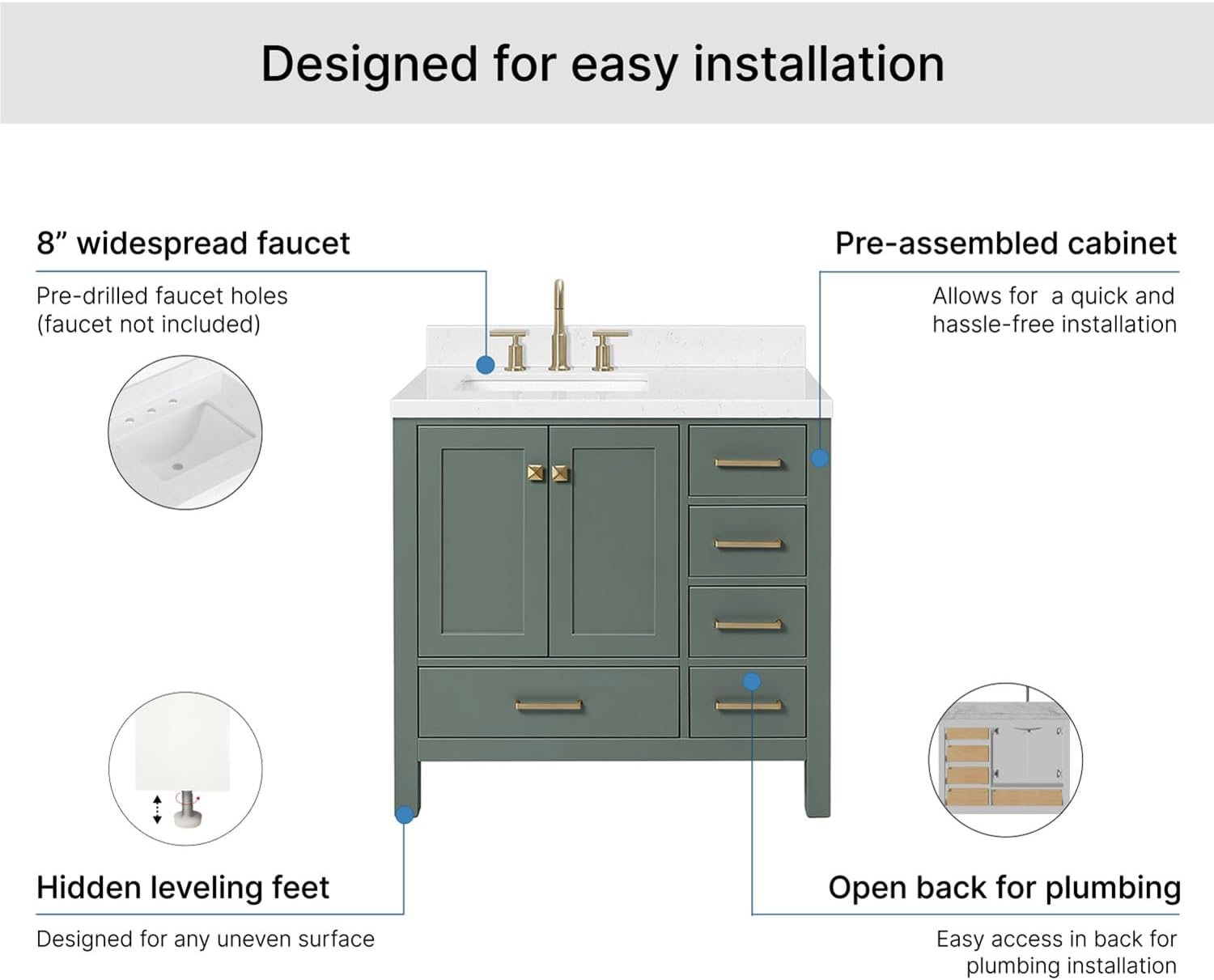 ARIEL Cambridge 36-inch Bathroom Vanity with Sink,Solid Wood, 1.5-inch Carrara White Quartz Countertop, Single Rectangular Porcelain Sink, 2 Soft Closing Doors, 5 Dovetail Drawers, Vintage Green