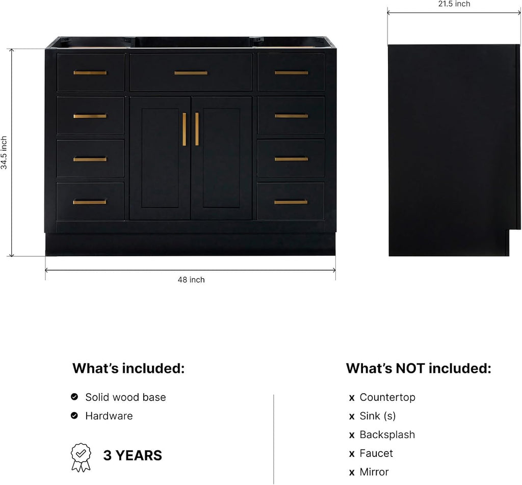 ARIEL Hepburn 48-inch Bathroom Vanity Base Cabinet,Solid Wood, 2 Soft Closing Doors, 9 Dovetail Drawers, Black