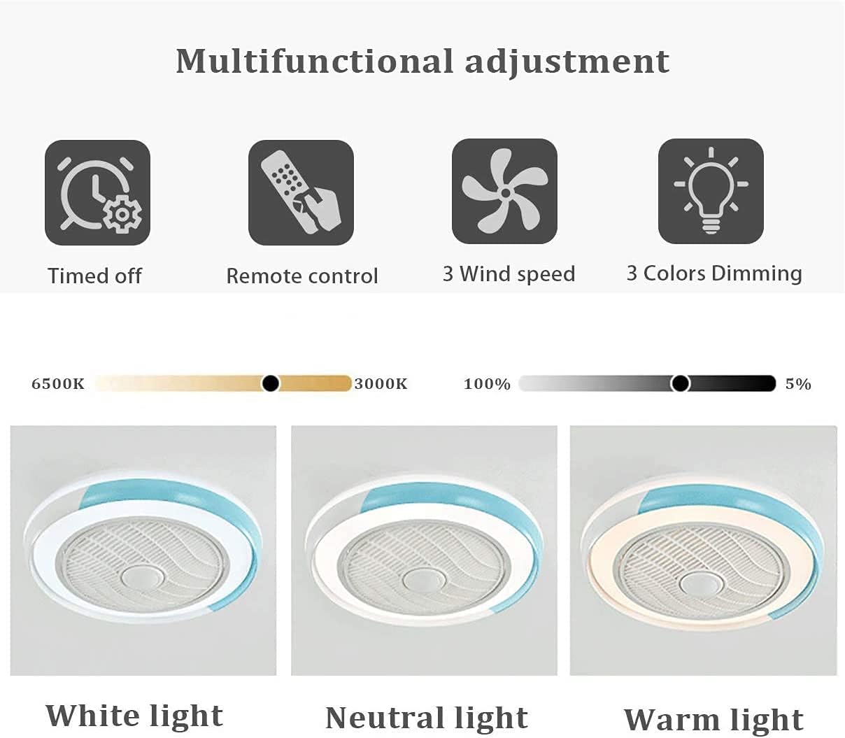 Led Quiet Fan with Ceiling Light and Remote Control 72W Dimmable 3 Speeds Bedroom Ceiling Fan Light with Timer Φ50Cm Modern Living Room Fan Ceiling Light,Gray