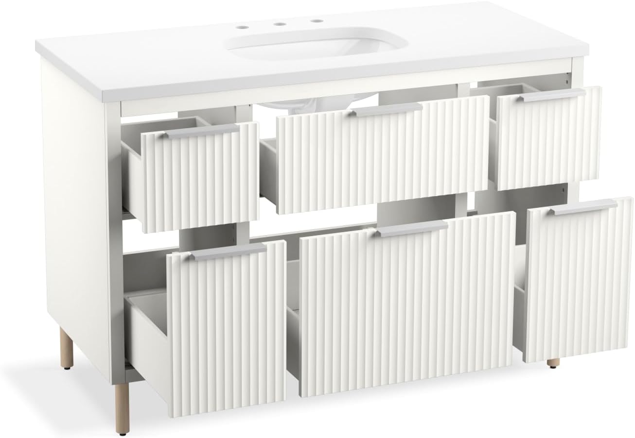 Kohler Spacity 48 Inch Wall-Hung Bathroom Vanity Cabinet with White Sink and Quartz Top, Modern Bathroom Storage, White, K-32172-ASB-0