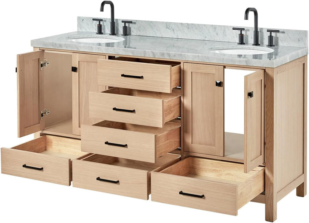 ARIEL Cambridge 66-inch Bathroom Vanity with Sink,Solid Wood, 1.5-inch Italian Carrara Marble Countertop, Double Oval Porcelain Sink, 4 Soft Closing Doors, 6 Dovetail Drawers, White Oak