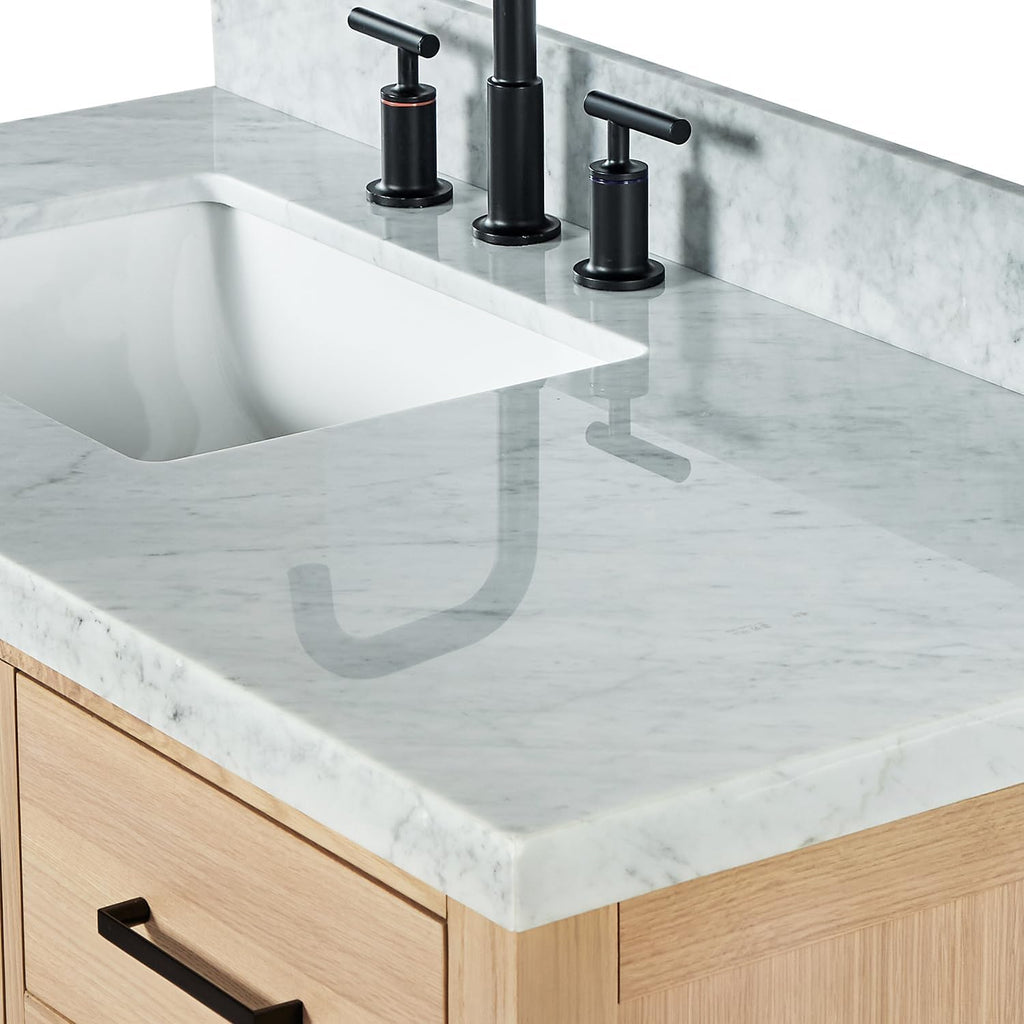 ARIEL Cambridge 42-Inch Oak Bathroom Vanity with Sink, 1.5' Italian Carrara Marble Countertop & 4' Backsplash, Soft Closing Door & Drawer, Matte Black Hardware
