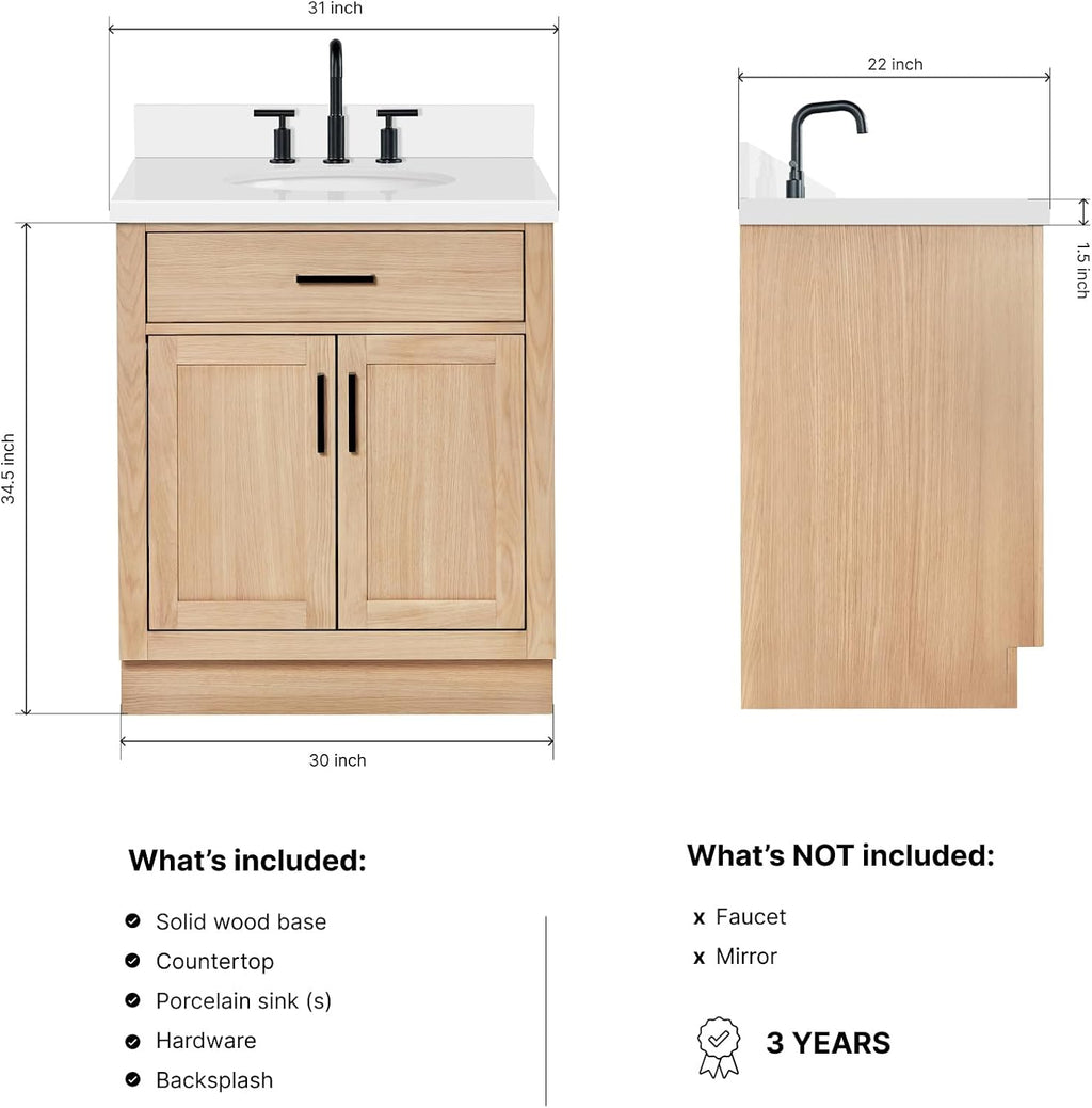 ARIEL Hepburn 30-inch Bathroom Vanity with Sink,Solid Wood, 1.5-inch Pure White Quartz Countertop & Backsplash, Single Oval Porcelain Sink, 2 Soft Closing Doors, 1 Dovetail Drawers, White Oak