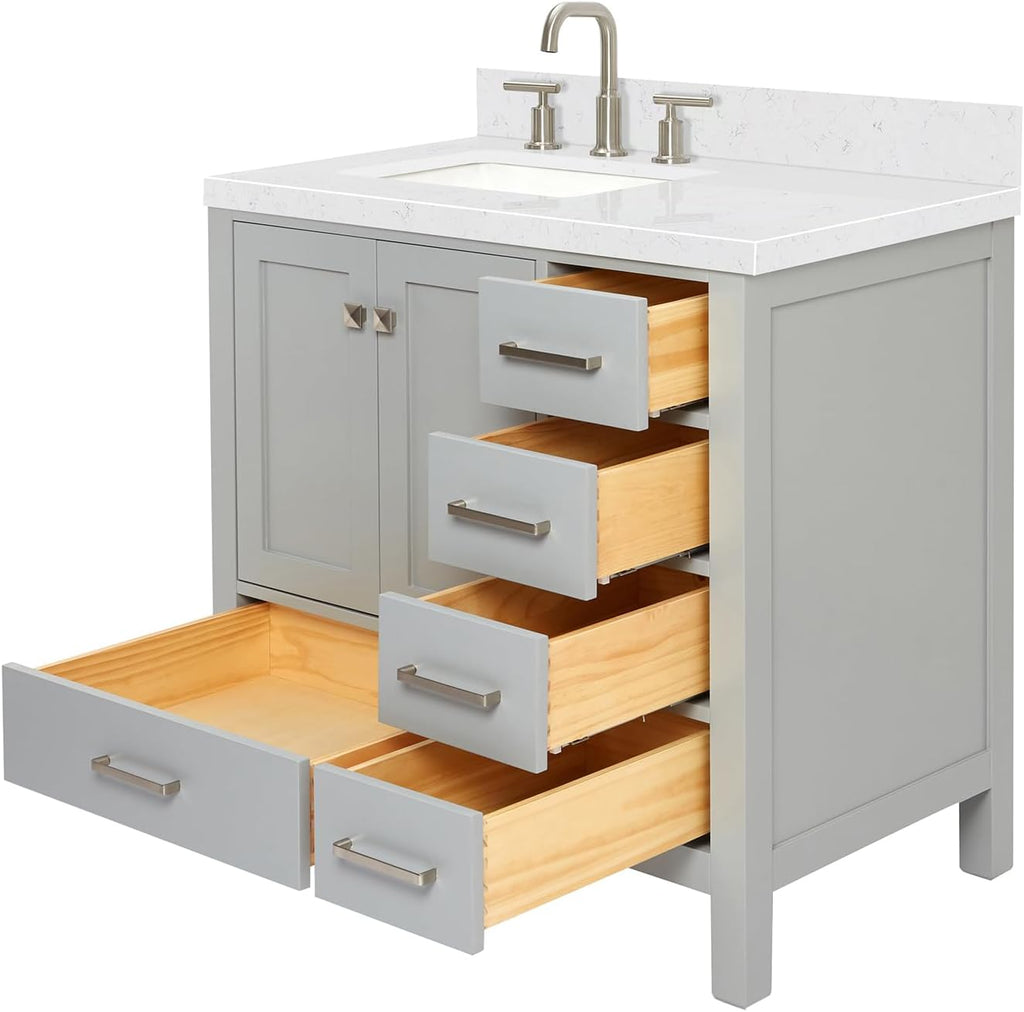 ARIEL Cambridge 36-inch Bathroom Vanity with Sink,Solid Wood, 1.5-inch Carrara White Quartz Countertop, Single Rectangular Porcelain Sink, 2 Soft Closing Doors, 5 Dovetail Drawers, Grey
