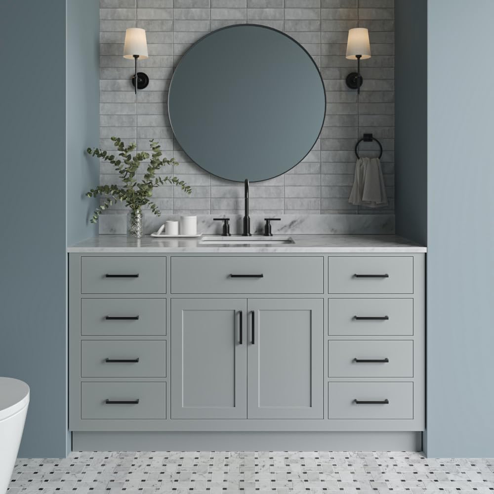 ARIEL Hepburn 60-inch Bathroom Vanity with Sink,Solid Wood, 0.75-inch Italian Carrara Marble Countertop, Single Rectangular Porcelain Sink, 2 Soft Closing Doors, 9 Dovetail Drawers, Grey
