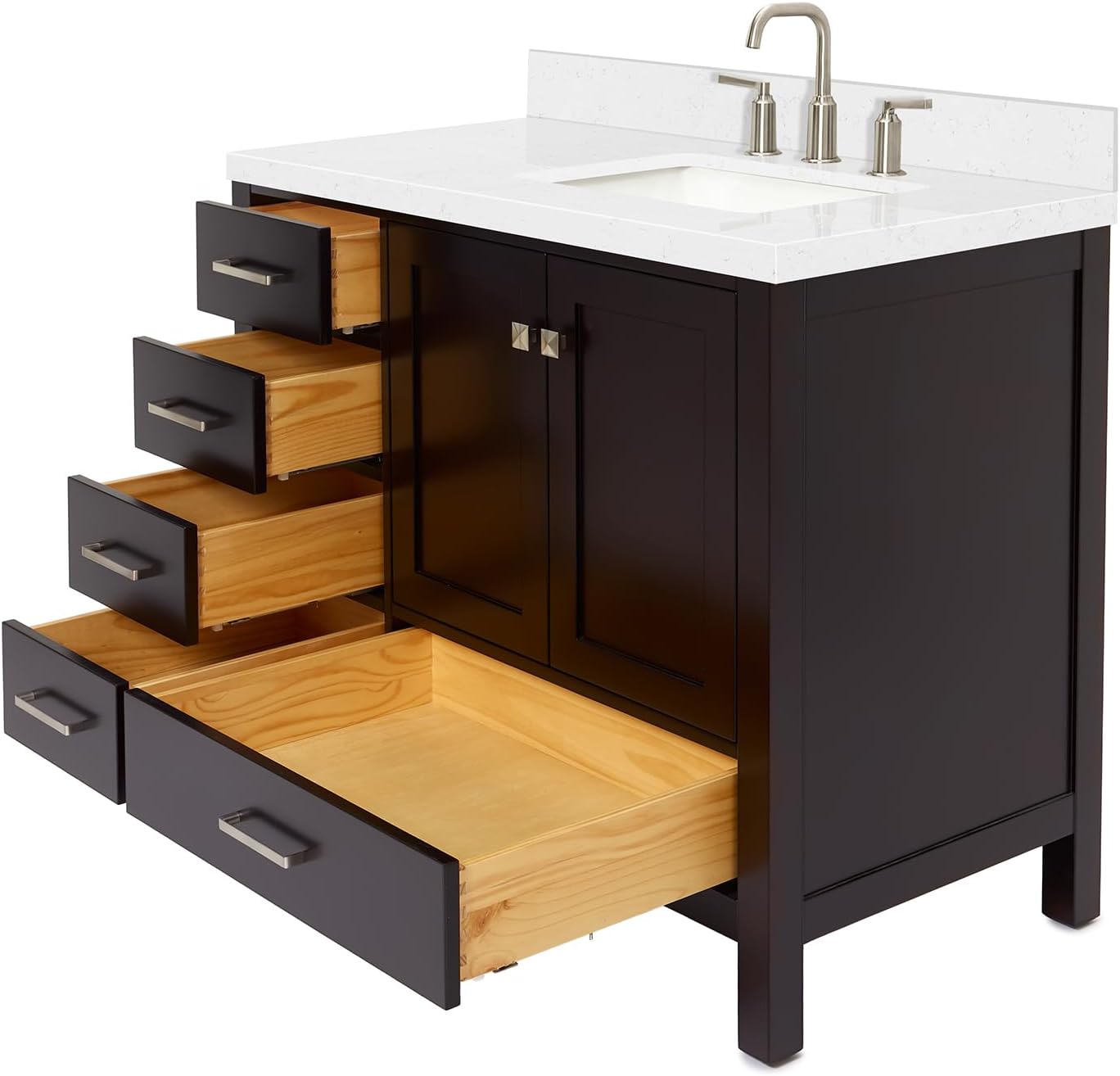 DKB Beckford 42' Espresso Single Bathroom Vanity with Sink, Solid Wood Frame, 1.5' Carrara White Quartz Countertop, Rectangular Undermount Sink, 2 Soft Closing Doors, 5 Dovetail Drawers