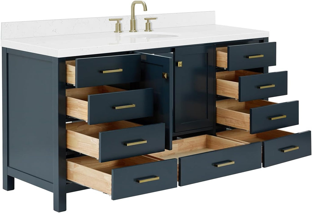 ARIEL Cambridge 66-inch Bathroom Vanity with Sink,Solid Wood, 1.5-inch Carrara White Quartz Countertop, Single Oval Porcelain Sink, 2 Soft Closing Doors, 9 Dovetail Drawers, Midnight Blue