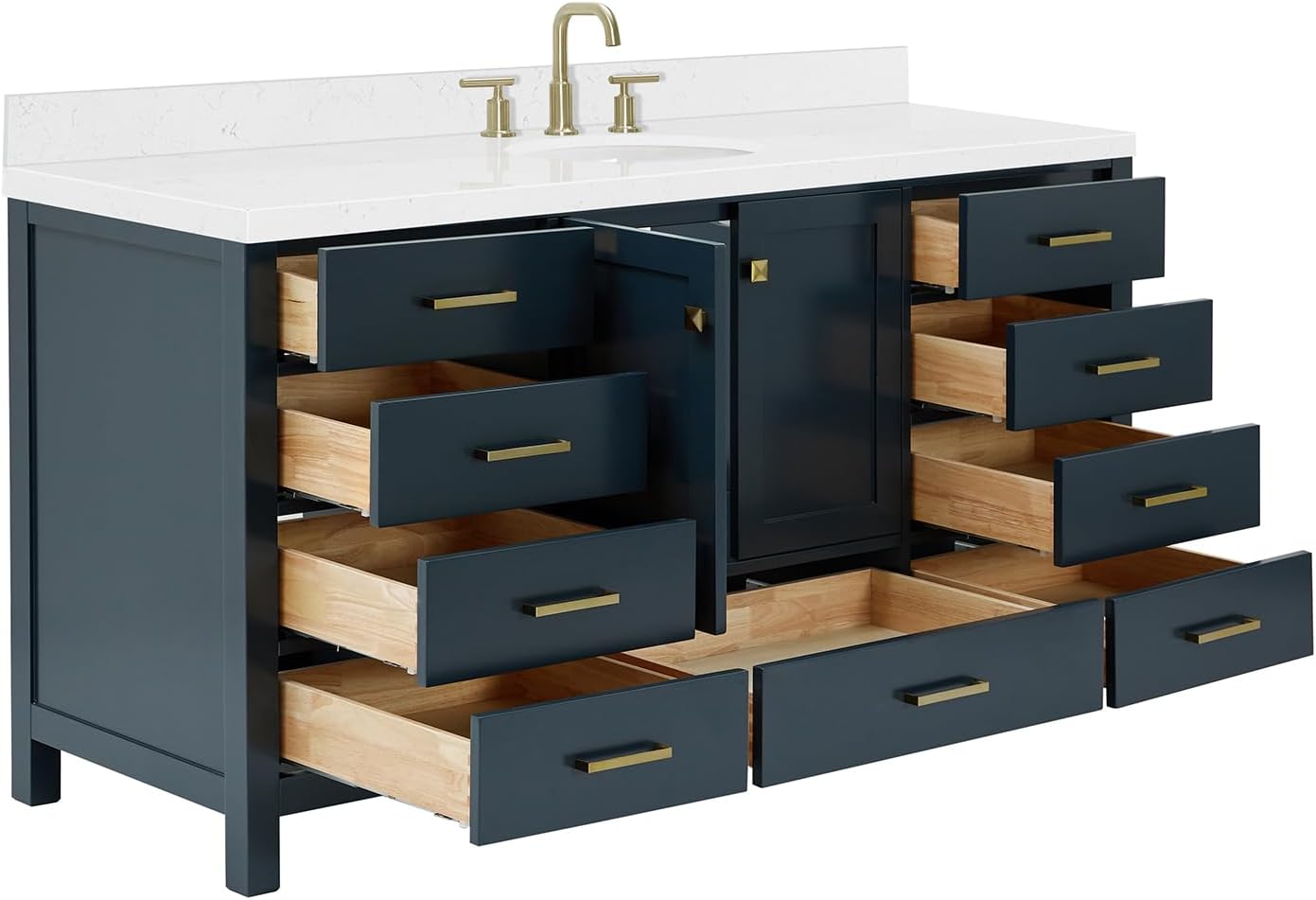 ARIEL Cambridge 66-inch Bathroom Vanity with Sink,Solid Wood, 1.5-inch Carrara White Quartz Countertop, Single Oval Porcelain Sink, 2 Soft Closing Doors, 9 Dovetail Drawers, Midnight Blue