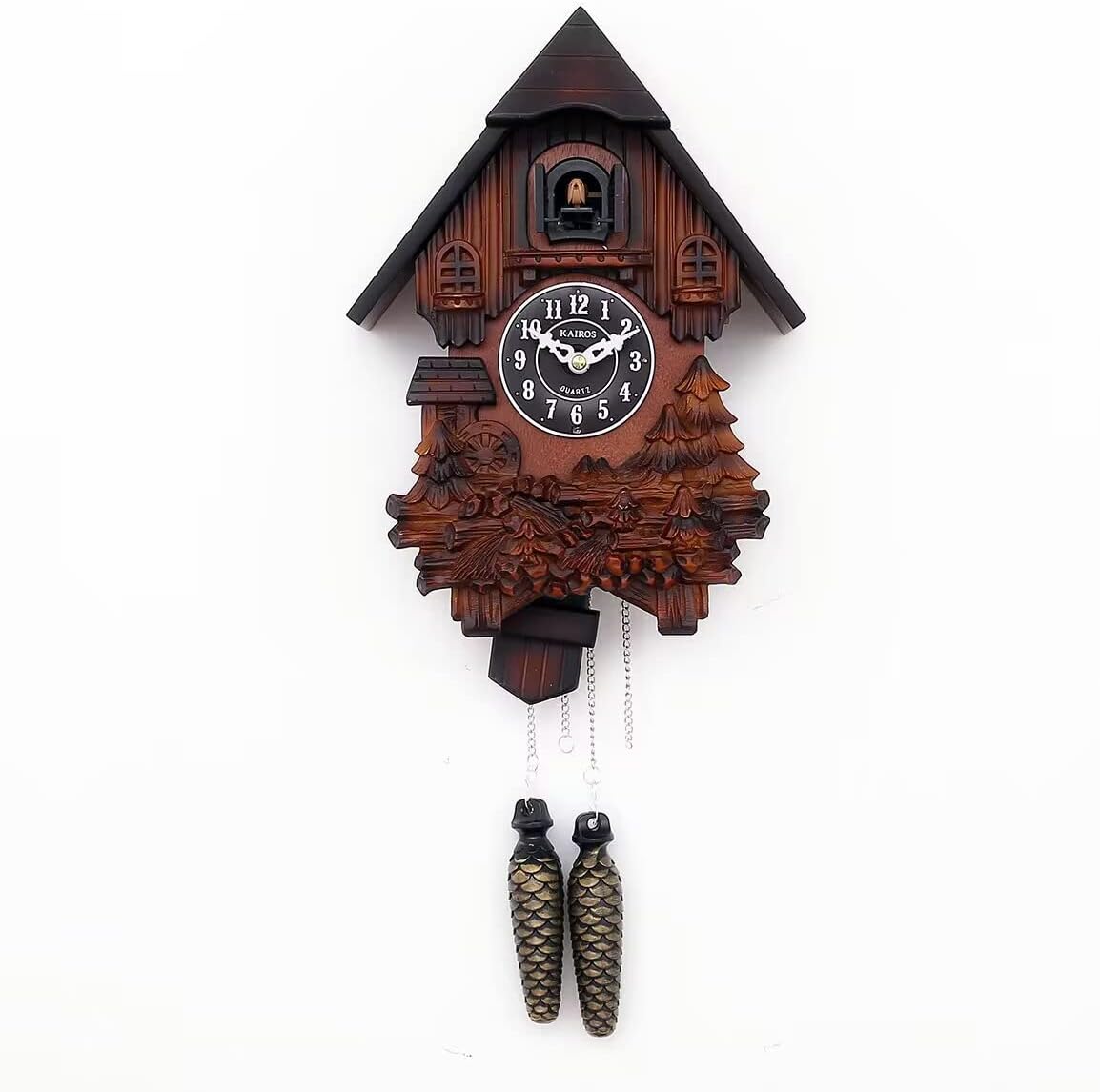 Cuckoo Clock with Night Mode, Hand Carved Decorations and Swinging Pendulum