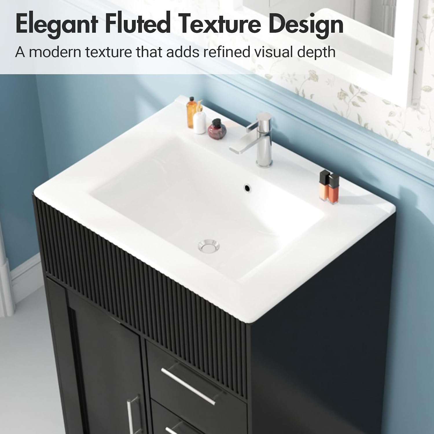 Kikihouse 24 Inch Bathroom Vanity with Sink, Freestanding Modern Bathroom Vanity Cabinet with Ceramic Basin, Single Sink Small Bathroom Vanity for Apartment (Black, 24 inch)