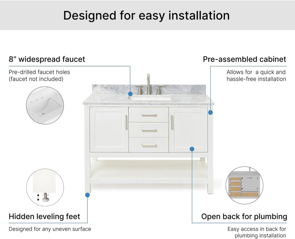 ARIEL Bayhill 48-inch Bathroom Vanity with Sink,Solid Wood, 0.75-inch Italian Carrara Marble Countertop, Single Rectangular Porcelain Sink, 2 Soft Closing Doors, 2 Dovetail Drawers, White