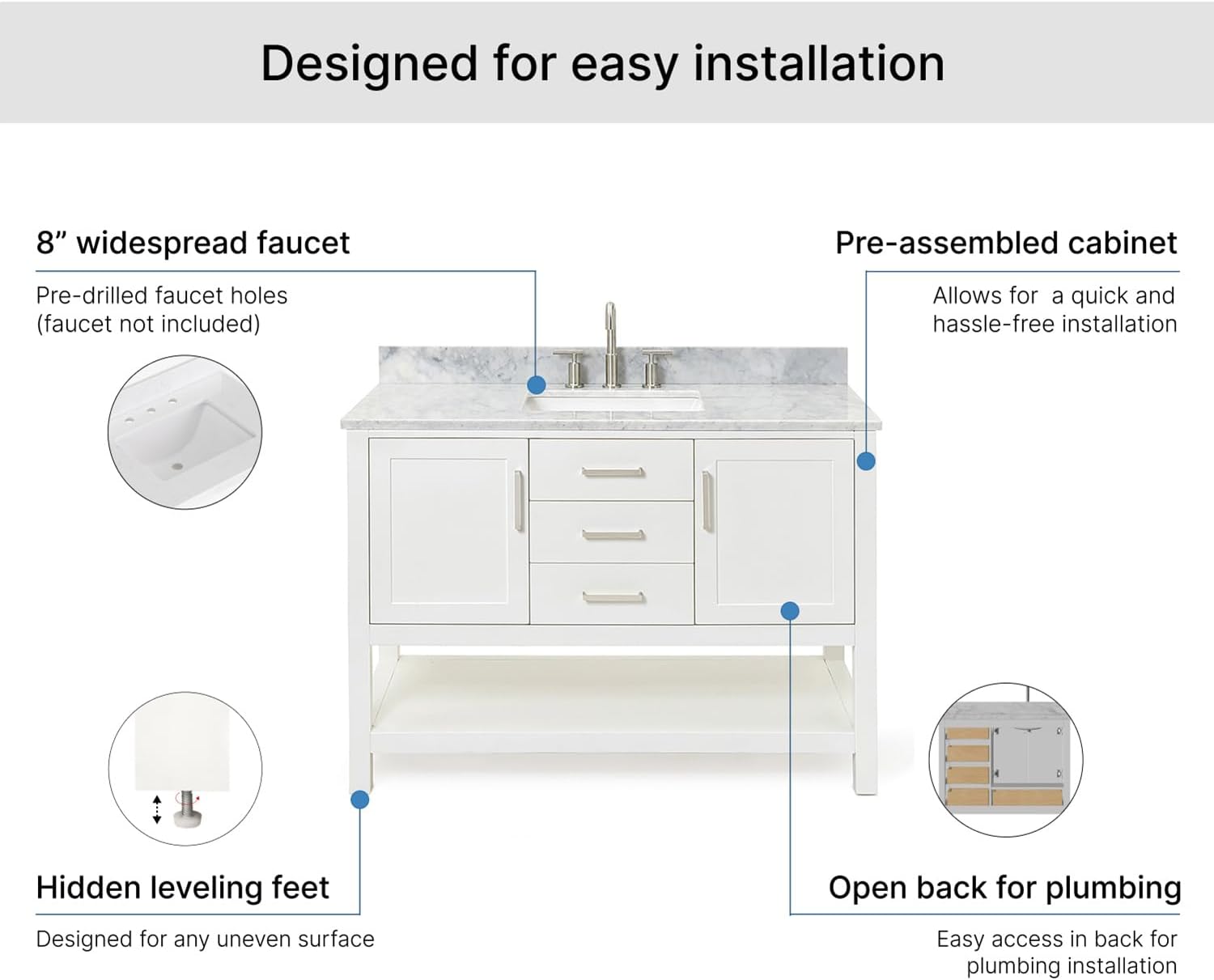 ARIEL Bayhill 48-inch Bathroom Vanity with Sink,Solid Wood, 0.75-inch Italian Carrara Marble Countertop, Single Rectangular Porcelain Sink, 2 Soft Closing Doors, 2 Dovetail Drawers, White