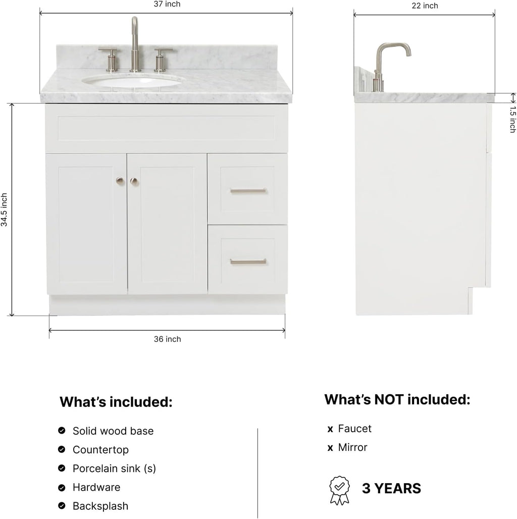 DKB Bradford 36' White Single Bathroom Vanity with Sink, 1.5' Edge Italian Carrara Marble Countertop, Oval Sink, Solid Wood Frame, 2 Soft Closing Doors, 2 Dovetail Drawers, Satin Brass