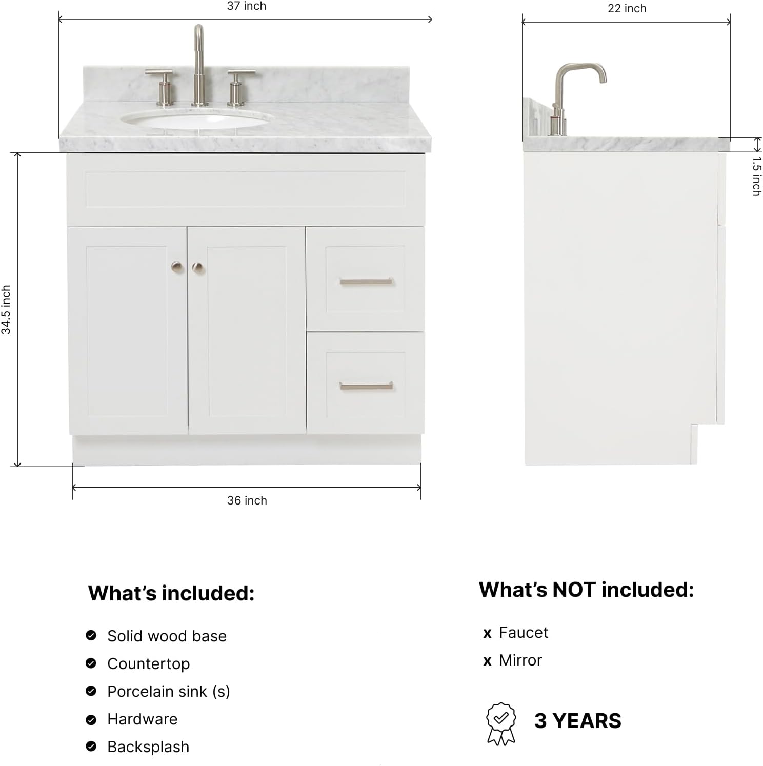 DKB Bradford 36' White Single Bathroom Vanity with Sink, 1.5' Edge Italian Carrara Marble Countertop, Oval Sink, Solid Wood Frame, 2 Soft Closing Doors, 2 Dovetail Drawers, Satin Brass
