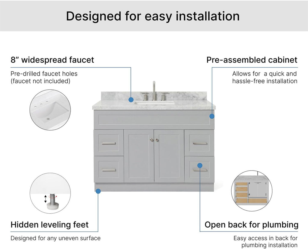 ARIEL Hamlet 48-inch Bathroom Vanity with Sink,Solid Wood, 1.5-inch Italian Carrara Marble Countertop & Backsplash, Single Rectangular Porcelain Sink, 2 Soft Closing Doors, 4 Dovetail Drawers, Grey