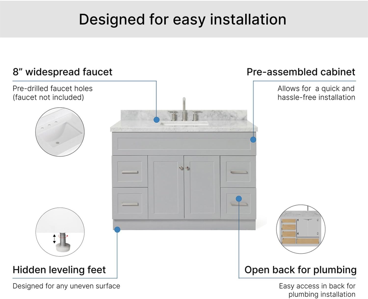 ARIEL Hamlet 48-inch Bathroom Vanity with Sink,Solid Wood, 1.5-inch Italian Carrara Marble Countertop & Backsplash, Single Rectangular Porcelain Sink, 2 Soft Closing Doors, 4 Dovetail Drawers, Grey