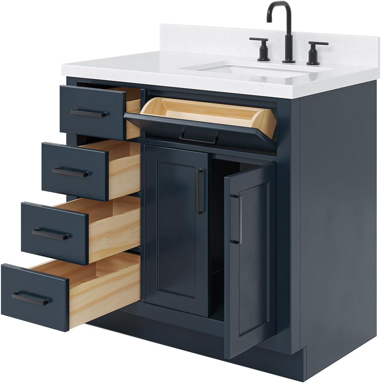 ARIEL Hepburn 36-inch Bathroom Vanity with Sink,Solid Wood, 1.5-inch Carrara White Quartz Countertop, Single Rectangular Porcelain Sink, 2 Soft Closing Doors, 5 Dovetail Drawers, Midnight Blue