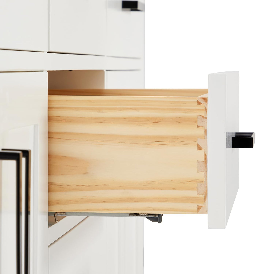 DKB Isabella 66-Inch White Double Bathroom Vanity, 1.5-Inch Pure White Quartz Countertop & Backsplash, Oval Sinks, 4 Soft Closing Doors, 6 Dovetail Drawers, Matte Black Hardware