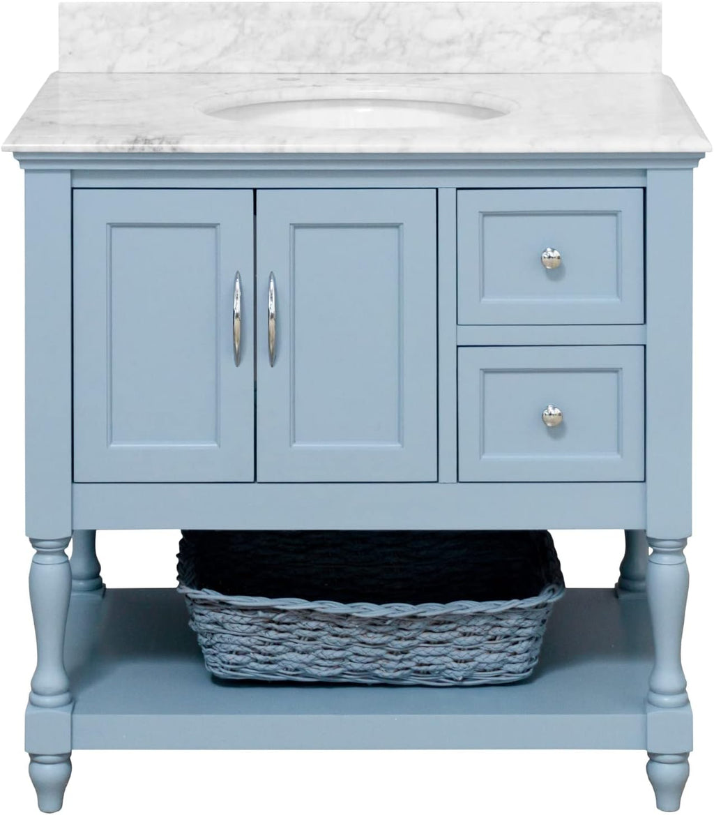 Kitchen Bath Collection Beverly 36-inch Bathroom Vanity (Carrara/Powder Blue): Includes Powder Blue Cabinet with Authentic Italian Carrara Marble Countertop and White Ceramic Sink