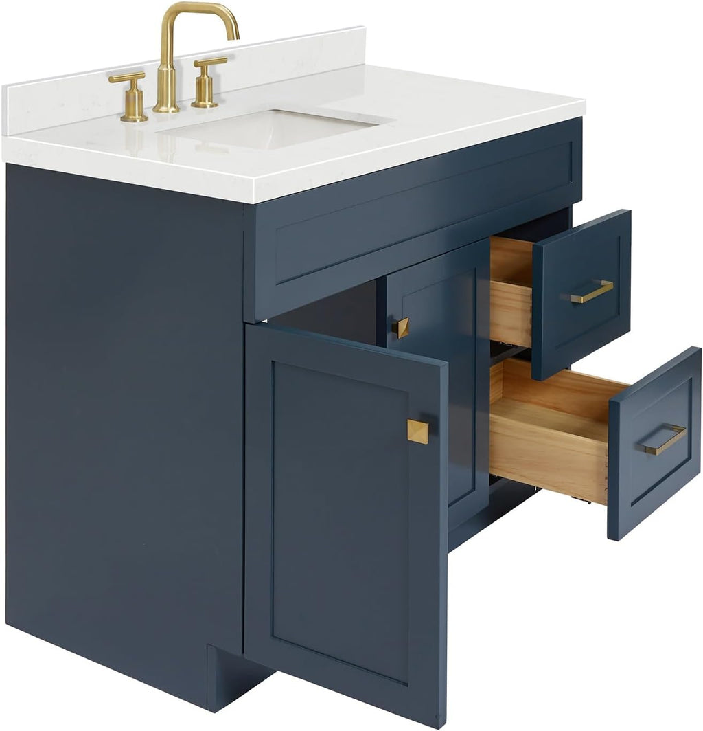 ARIEL Hamlet 42 in. Left Offset Rectangle Sink Bathroom Vanity with Carrara White Quartz Countertop 1.5 Edge in Midnight Blue