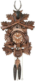 One Day Hunter's Cuckoo Clock with Hand-Carved Oak Leaves, Animals, Crossed Rifles, and Buck - 16 Inches Tall - Model # 19-16