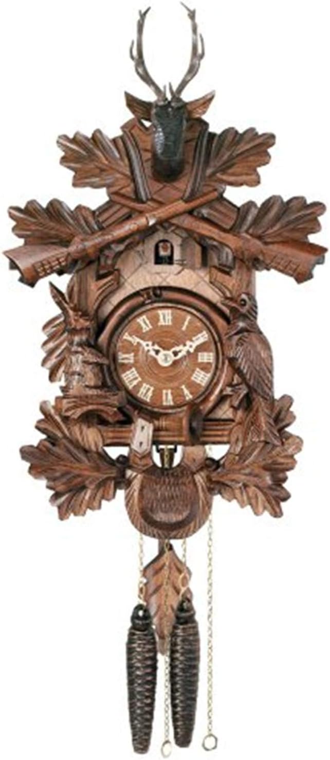 One Day Hunter's Cuckoo Clock with Hand-Carved Oak Leaves, Animals, Crossed Rifles, and Buck - 16 Inches Tall - Model # 19-16