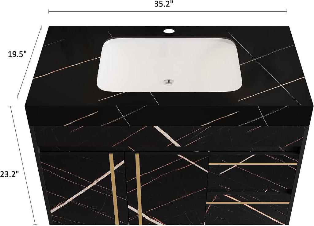 36' Bathroom Vanity with Sink Set, Modern Black Wall Mounted Bathroom Vanity Cabinet with Faux Marble Countertop,Gold Handle 2 Drawers & 1 Cabinet, Single Sink Floating Bathroom Vanity