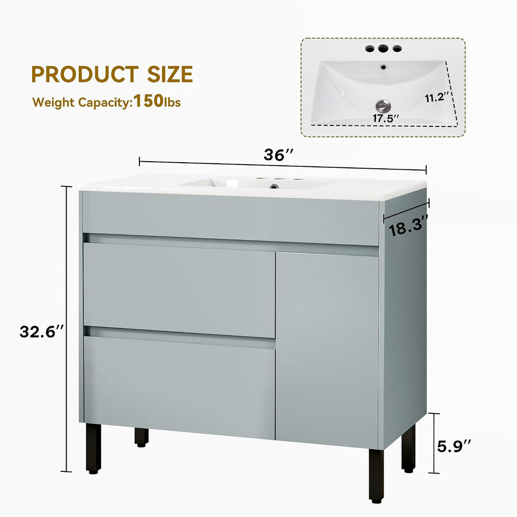 YITAHOME 36 Inch Bathroom Vanity with Sink, Bathroom Cabinet Vanity for Media Space, Freestanding Storage Bathroom Vanity with 1 Soft Closing Cabinet & 2 Drawers