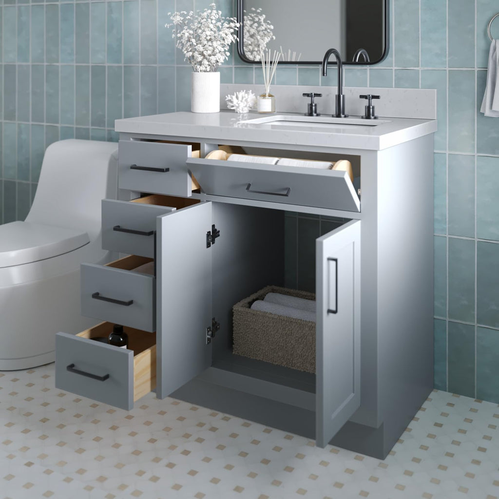 ARIEL Hepburn 36-inch Bathroom Vanity with Sink,Solid Wood, 1.5-inch Carrara White Quartz Countertop & Backsplash, Single Rectangular Porcelain Sink, 2 Soft Closing Doors, 5 Dovetail Drawers, Grey